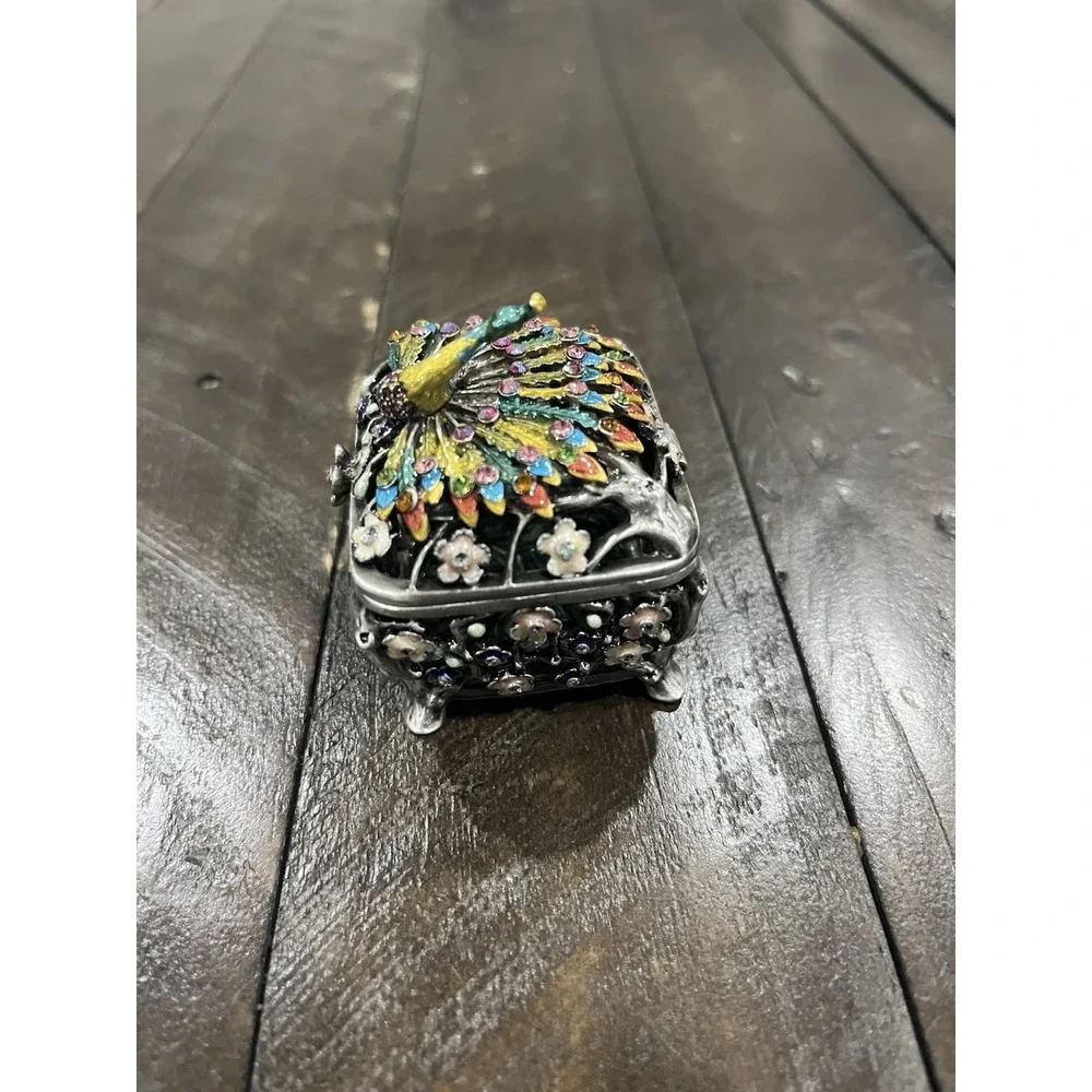 Vintage Peacock Enamel Rhinestone Floral Tree Footed Trinket‎ Box Heavy Hinged
